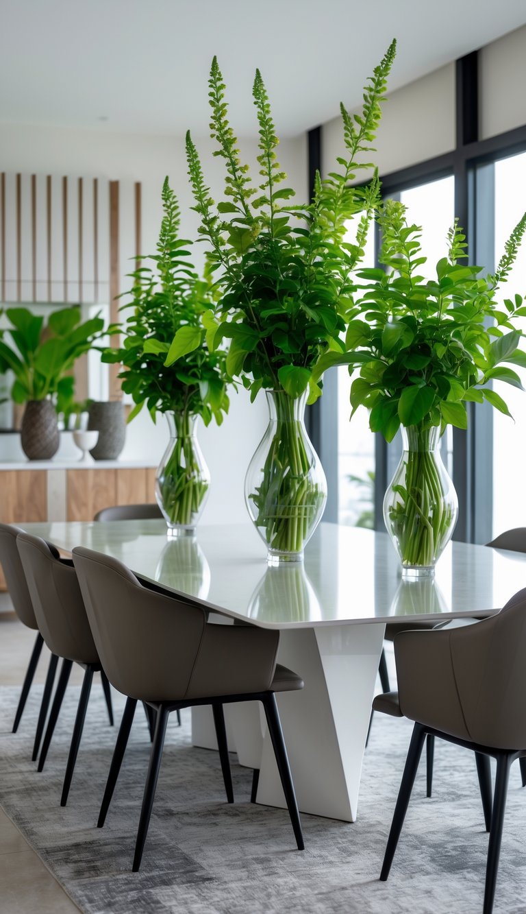 A dining room with a table decorated with elegant vases holding green plants as centerpieces.