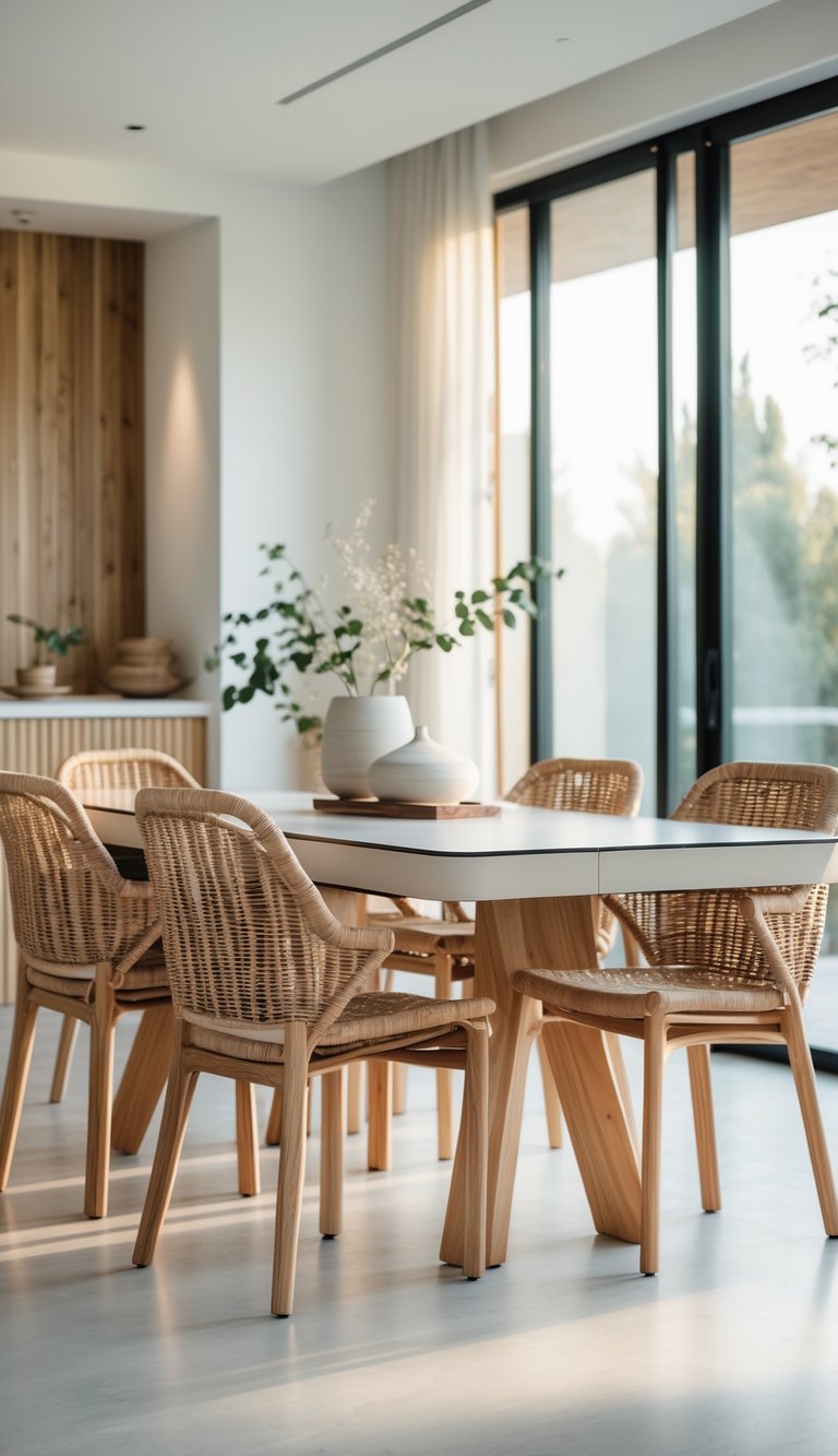 A dining room with woven chairs around a dining table and natural light coming through large windows.