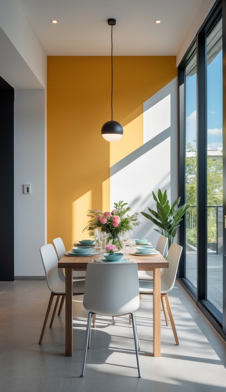 A dining room with a table, chairs, and a contrasting colored wall behind them.