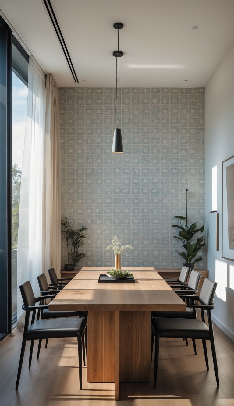 A dining room with a wooden table, modern chairs, and patterned wallpaper on one wall.