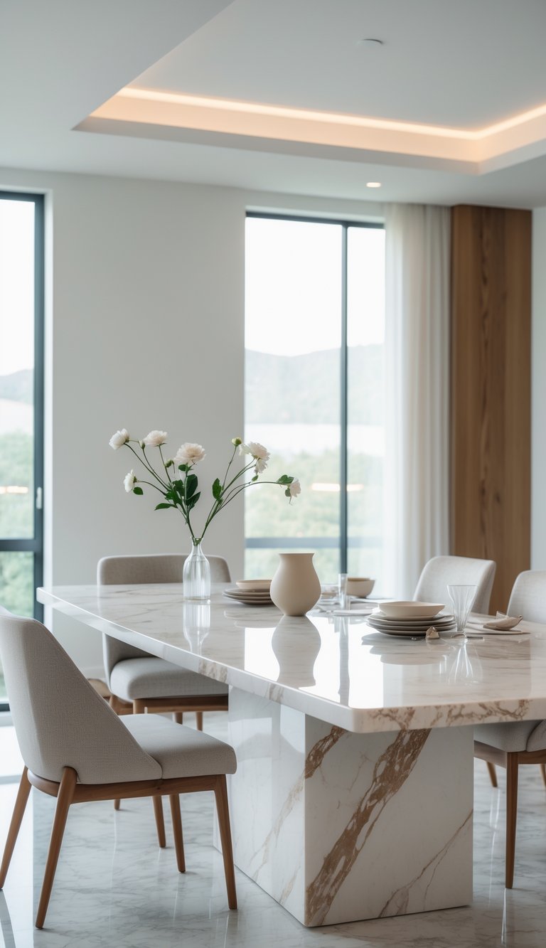 A dining room with a marble tabletop dining table surrounded by chairs, bright natural light coming through large windows.