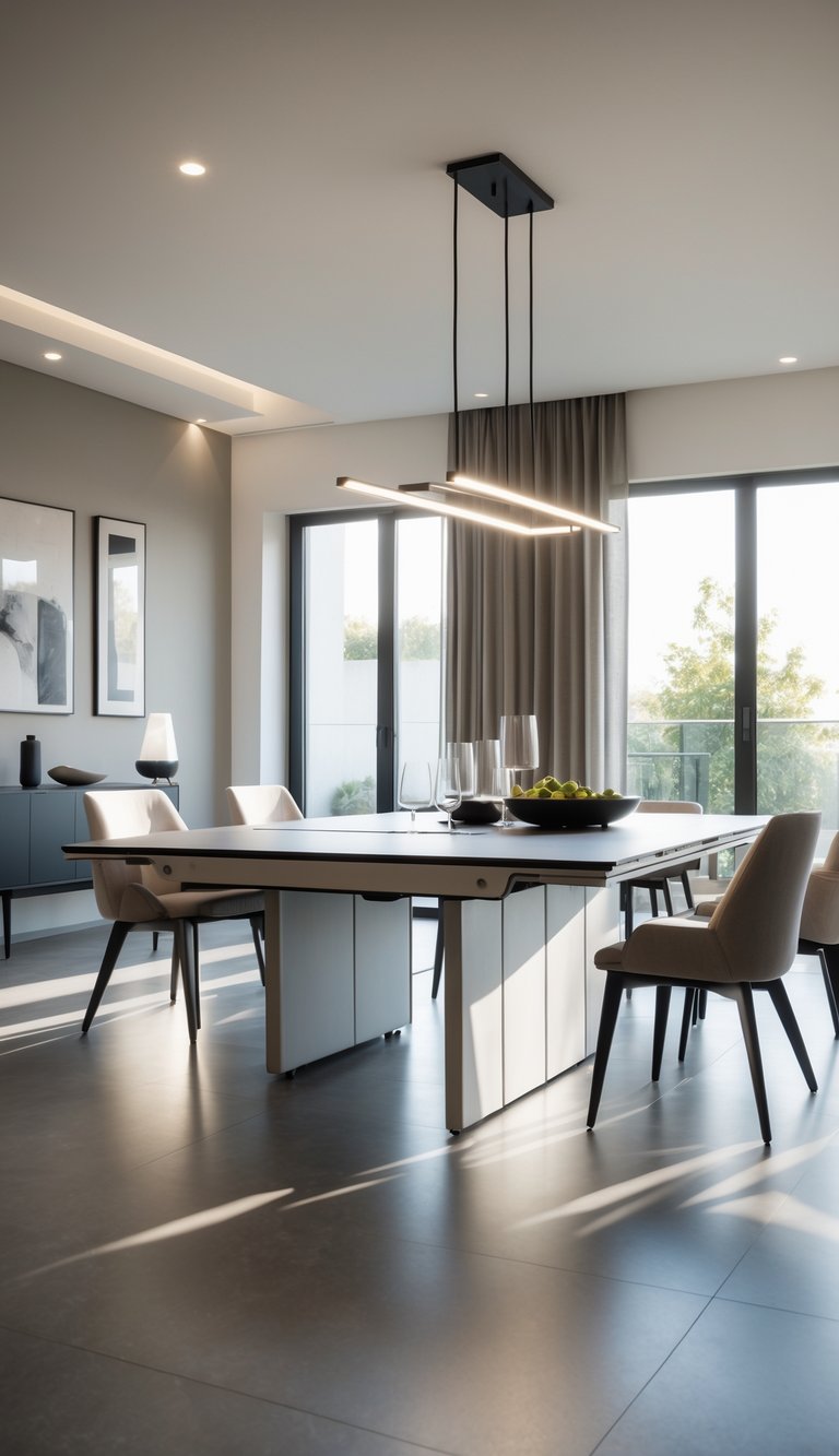A dining room with an expandable dining table partially extended, surrounded by chairs and illuminated by natural light from large windows.
