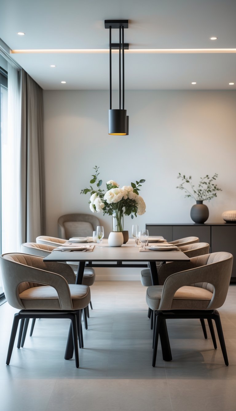 A dining table with chairs that have upholstered seats in a bright dining room with large windows and minimal decorations.