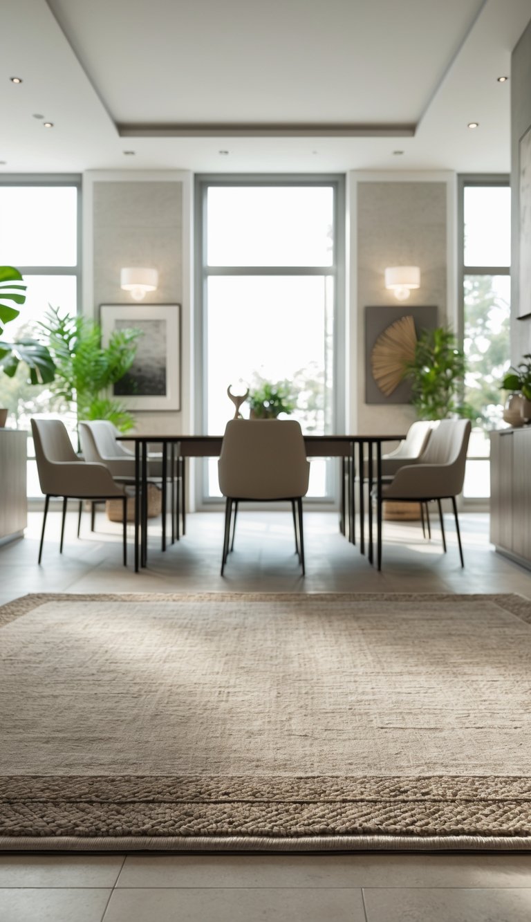 A dining room with a large area rug under a dining table and chairs, illuminated by natural light from windows.