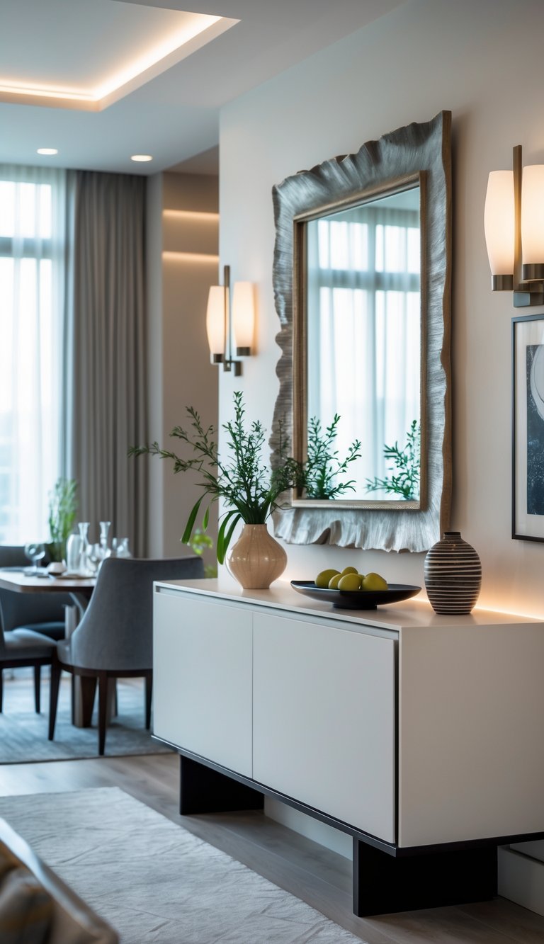 A dining room with a sleek buffet table and a decorative mirror above it, along with a dining table and chairs.