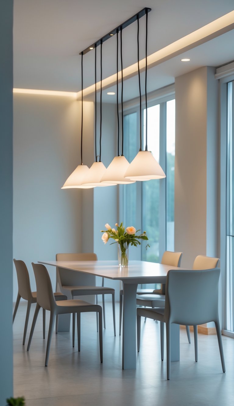 A dining room with a table, chairs, and pendant lights hanging above, illuminated by natural light from large windows.