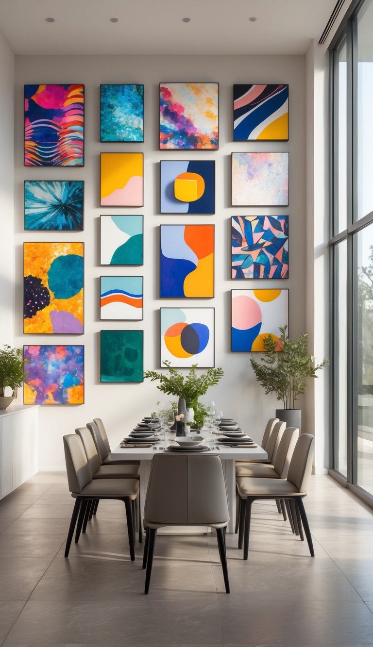 A dining room with a table and chairs, featuring multiple pieces of art displayed on the walls.