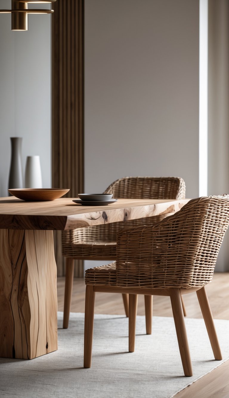 A dining room with a wooden table, wicker chairs, and metal accents under soft natural light.