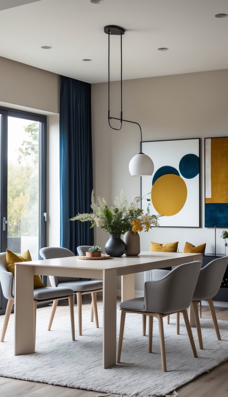 A modern dining room with a wooden table, neutral-colored chairs, colorful cushions and decor, large windows, and pendant lighting.