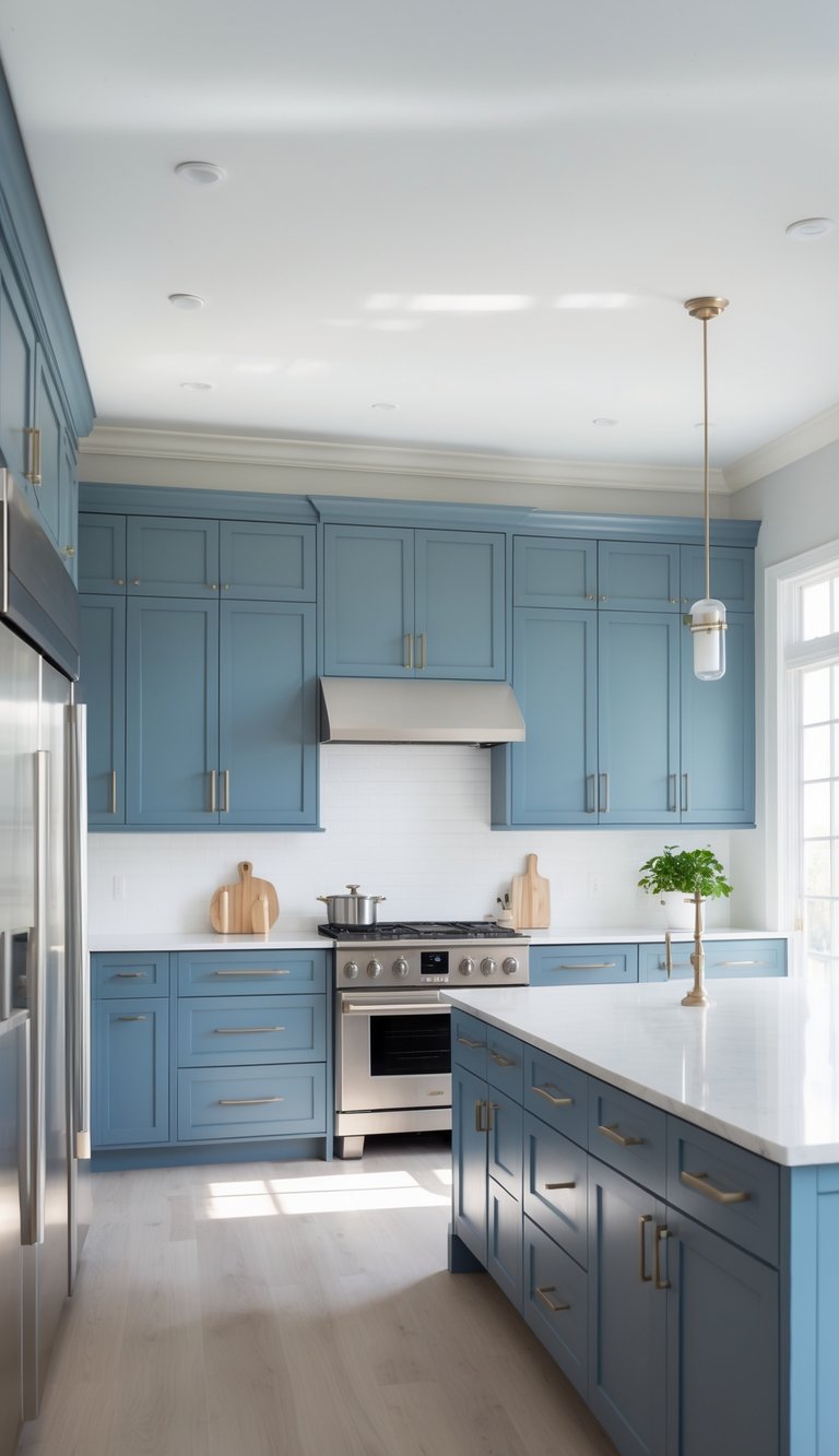 23 Blue Gray Kitchen Cabinets Ideas to Elevate Your Space 26 A modern kitchen with 23 blue-gray cabinets, white countertops, stainless steel appliances, and a large central island.
