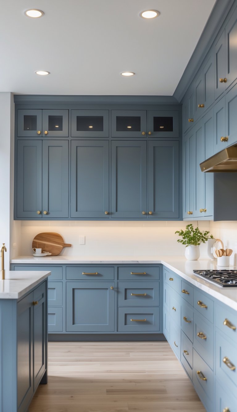 23 Blue Gray Kitchen Cabinets Ideas to Elevate Your Space 2 A modern kitchen with multiple blue gray cabinets and brass handles, illuminated by natural light.