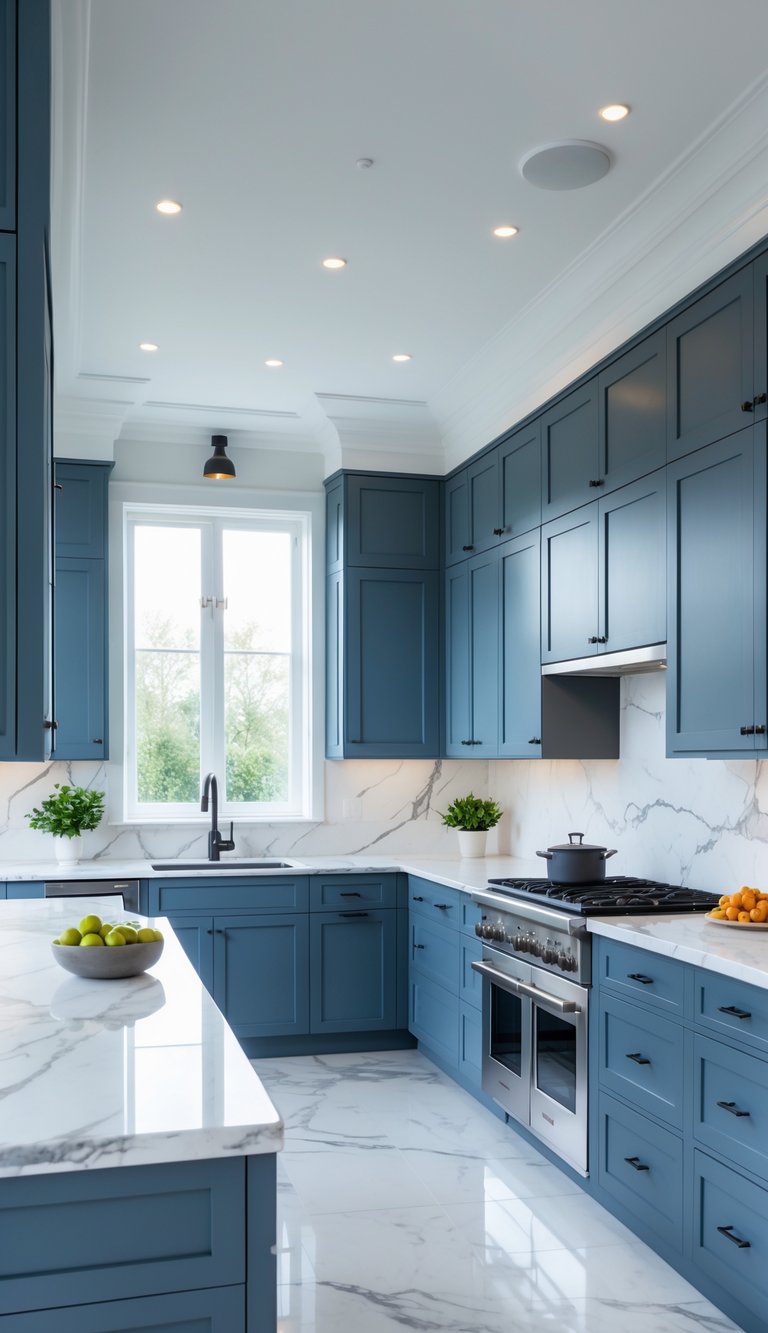 23 Blue Gray Kitchen Cabinets Ideas to Elevate Your Space 6 A modern kitchen with blue-gray cabinets and white marble countertops, featuring a sink, oven, and natural light.