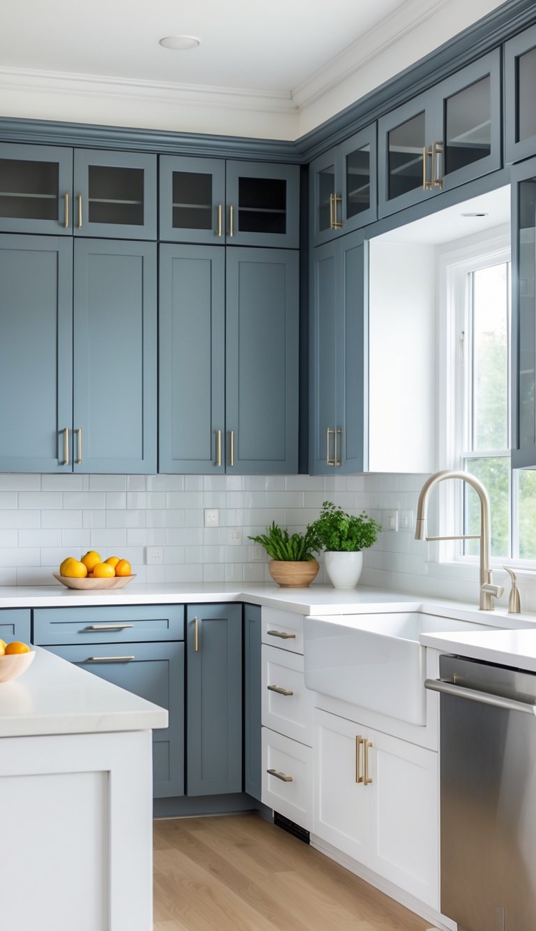 23 Blue Gray Kitchen Cabinets Ideas to Elevate Your Space 8 A kitchen with blue-gray upper cabinets and white lower cabinets, featuring 23 blue-gray cabinets in total.