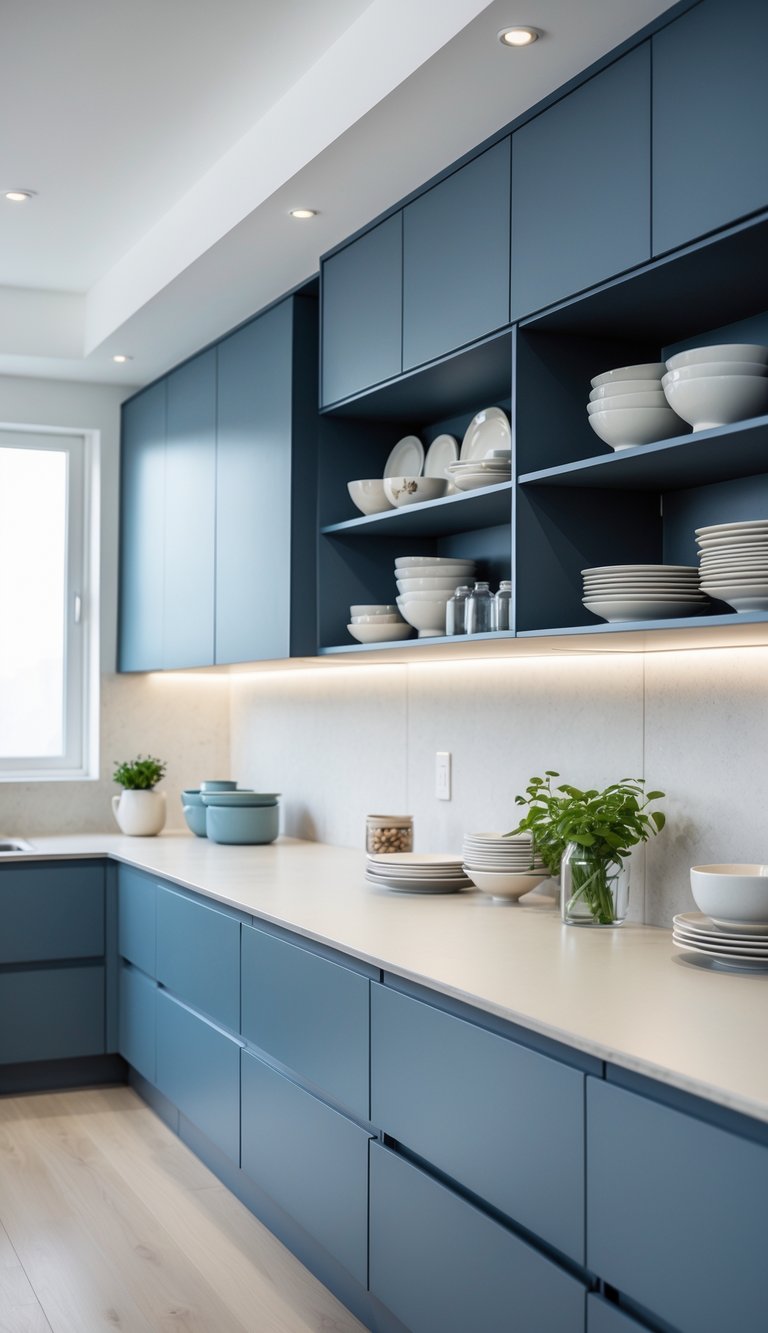 23 Blue Gray Kitchen Cabinets Ideas to Elevate Your Space 10 A kitchen with 23 blue-gray cabinets arranged with open shelves, featuring neatly organized kitchenware and a bright window in the background.