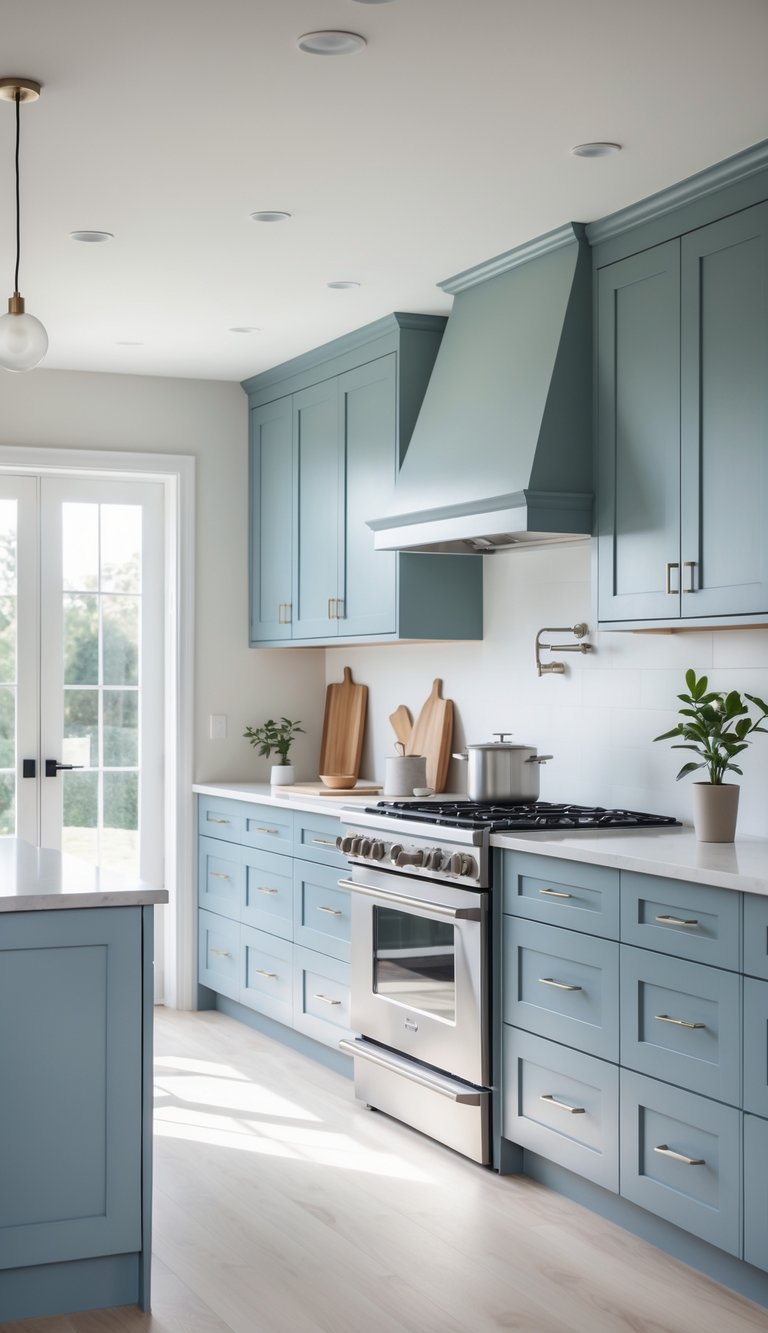 23 Blue Gray Kitchen Cabinets Ideas to Elevate Your Space 11 A spacious kitchen with 23 soft blue gray cabinets, light countertops, stainless steel appliances, and natural light filling the room.