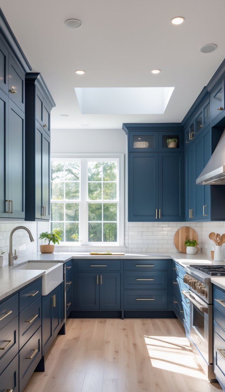 23 Blue Gray Kitchen Cabinets Ideas to Elevate Your Space 12 A modern kitchen with navy-blue gray cabinets, a kitchen island, stainless steel appliances, and light hardwood flooring.