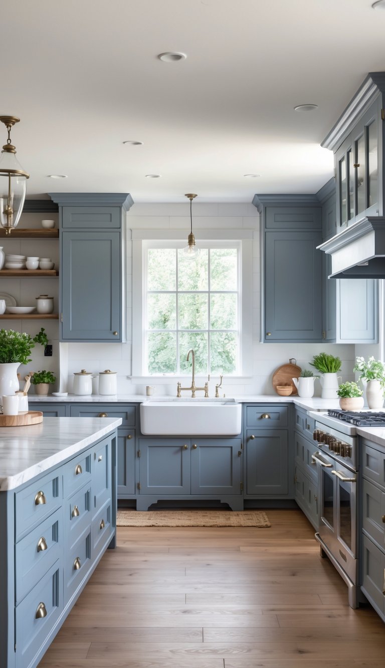 23 Blue Gray Kitchen Cabinets Ideas to Elevate Your Space 14 A farmhouse kitchen with 23 blue-gray cabinets, a central island, and natural light coming through large windows.