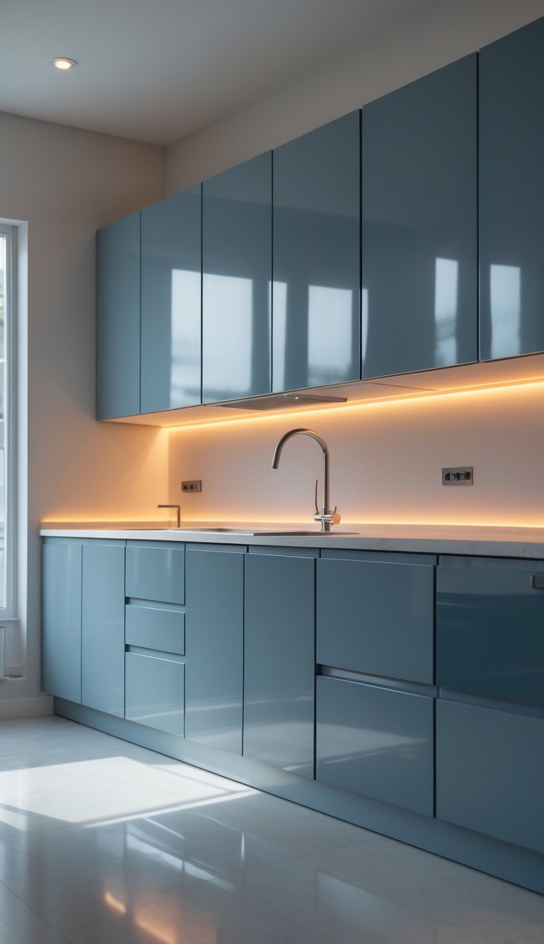 23 Blue Gray Kitchen Cabinets Ideas to Elevate Your Space 16 A modern kitchen with 23 blue-gray cabinets and soft integrated lighting illuminating the countertop.