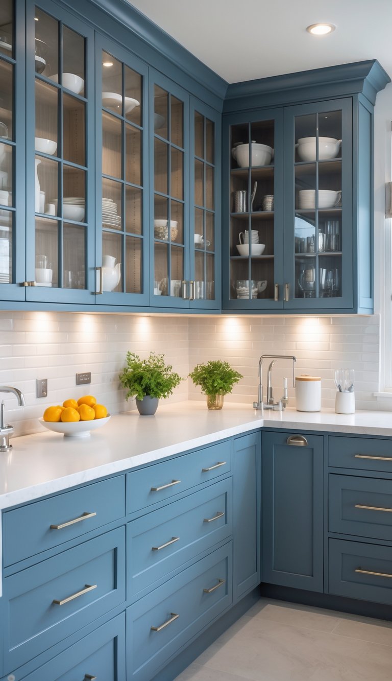 23 Blue Gray Kitchen Cabinets Ideas to Elevate Your Space 17 A kitchen with 23 blue-gray cabinets featuring glass front doors, neatly arranged with visible shelves inside.