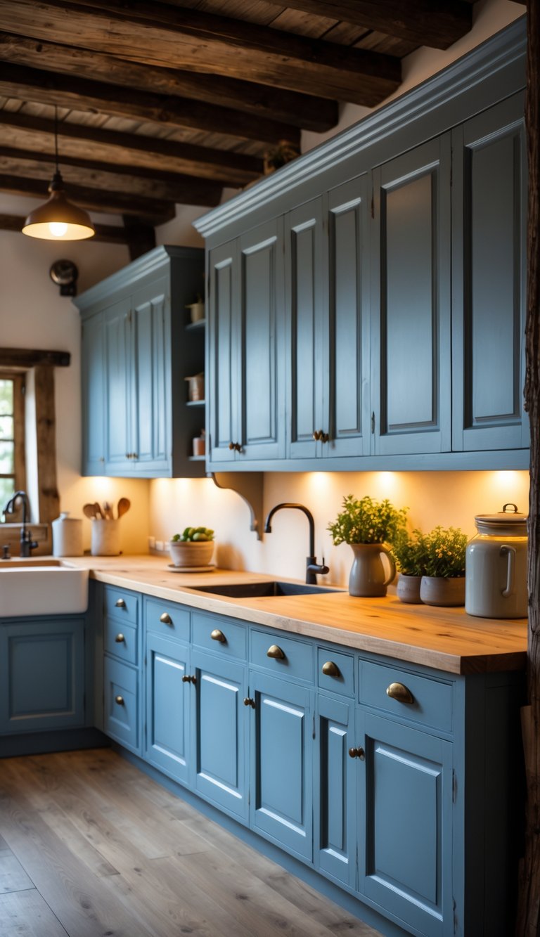 23 Blue Gray Kitchen Cabinets Ideas to Elevate Your Space 22 A kitchen with 23 blue gray cabinets arranged along the walls, wooden countertops, and rustic decor.