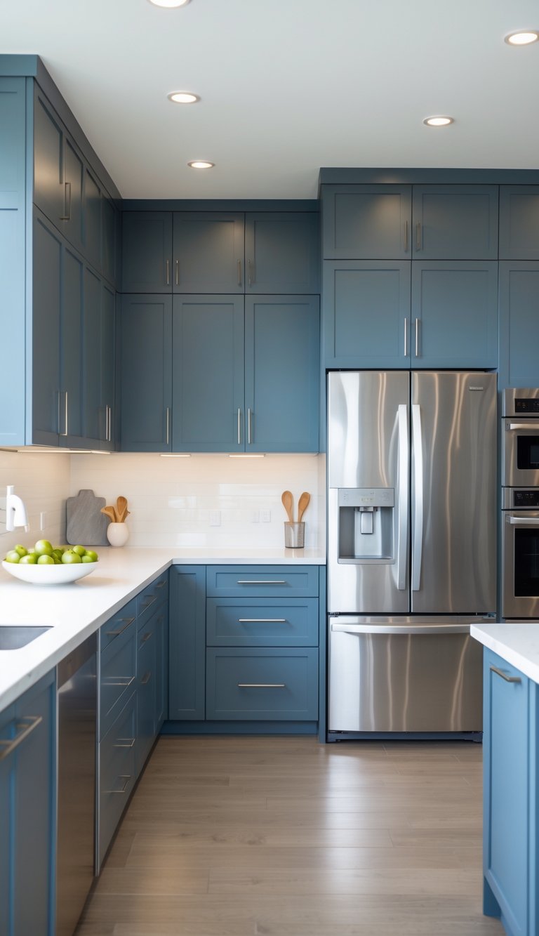 23 Blue Gray Kitchen Cabinets Ideas to Elevate Your Space 23 A modern kitchen with blue-gray cabinets and stainless steel appliances.
