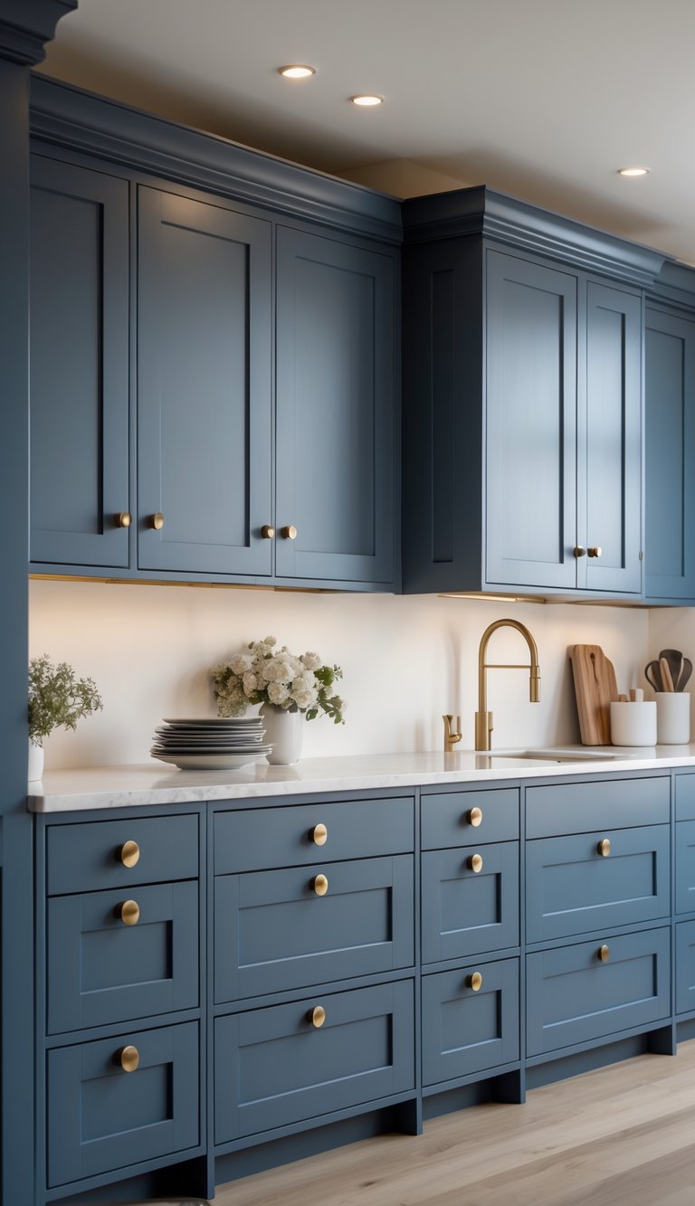 23 Blue Gray Kitchen Cabinets Ideas to Elevate Your Space 24 A kitchen with multiple blue gray cabinets featuring brass knobs.