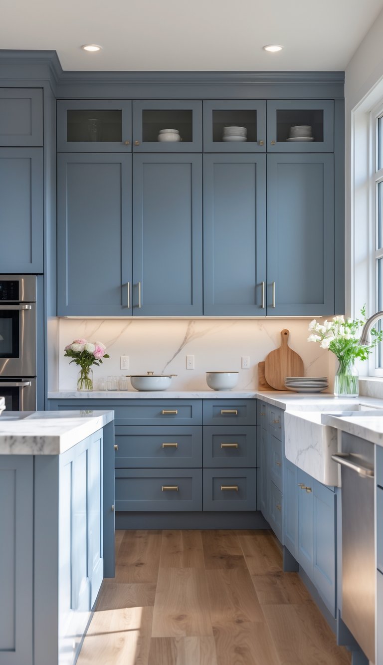 23 Blue Gray Kitchen Cabinets Ideas to Elevate Your Space 25 A bright kitchen with 23 blue gray cabinets, a white marble island, stainless steel appliances, and wooden flooring.