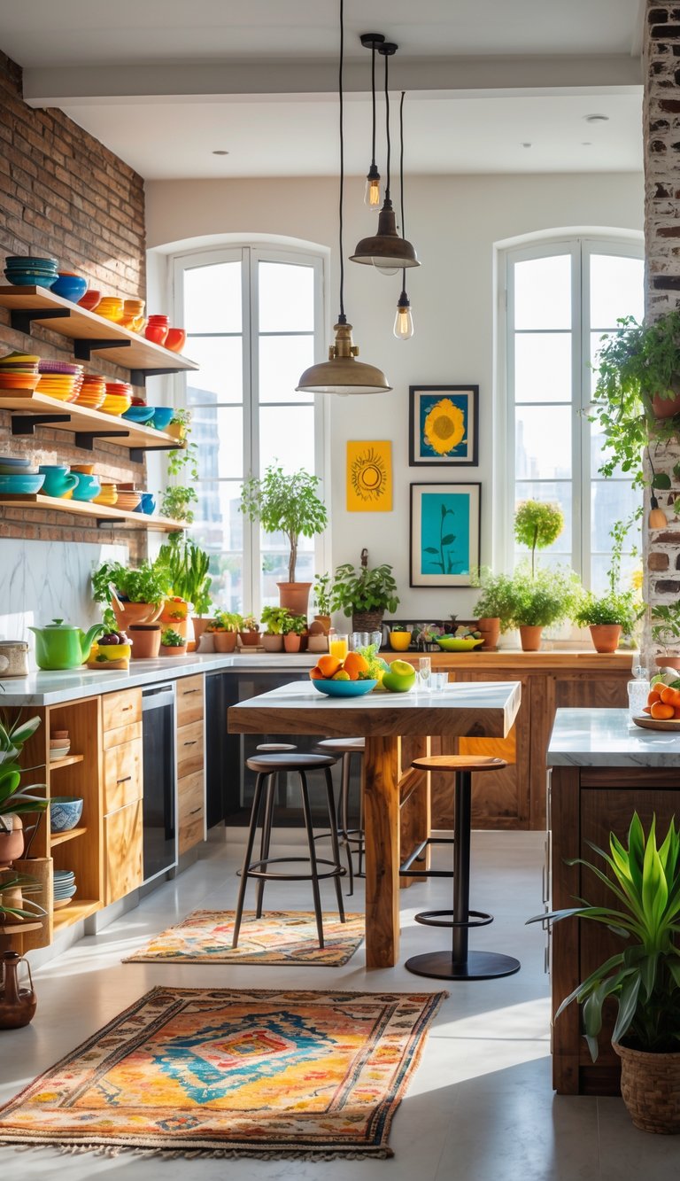 A bright kitchen with a wooden island, open shelves, plants, and a mix of different materials and decorative items.