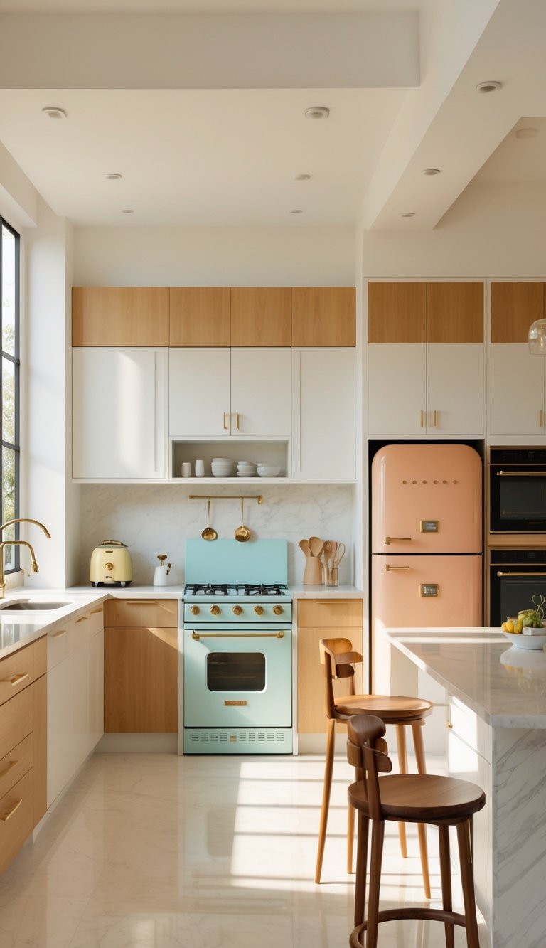 A kitchen with vintage appliances and modern cabinets, featuring a bright and inviting cooking space with a mix of old and new elements.