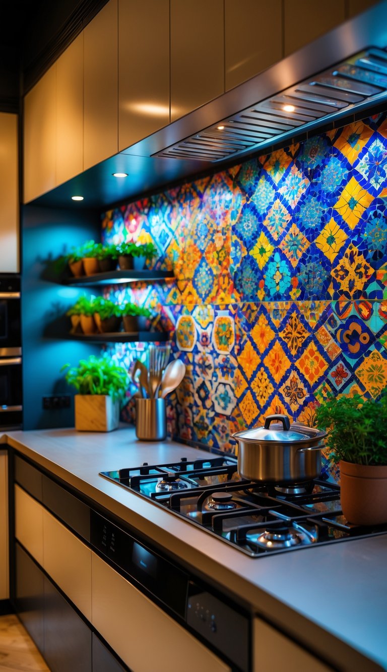 A modern kitchen with a colorful mosaic tile backsplash, countertops, cabinets, and kitchen utensils.
