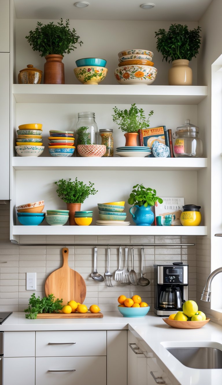 A kitchen with open shelves displaying colorful bowls, jars, plants, and cookbooks above a clean countertop with fruit and a coffee maker.