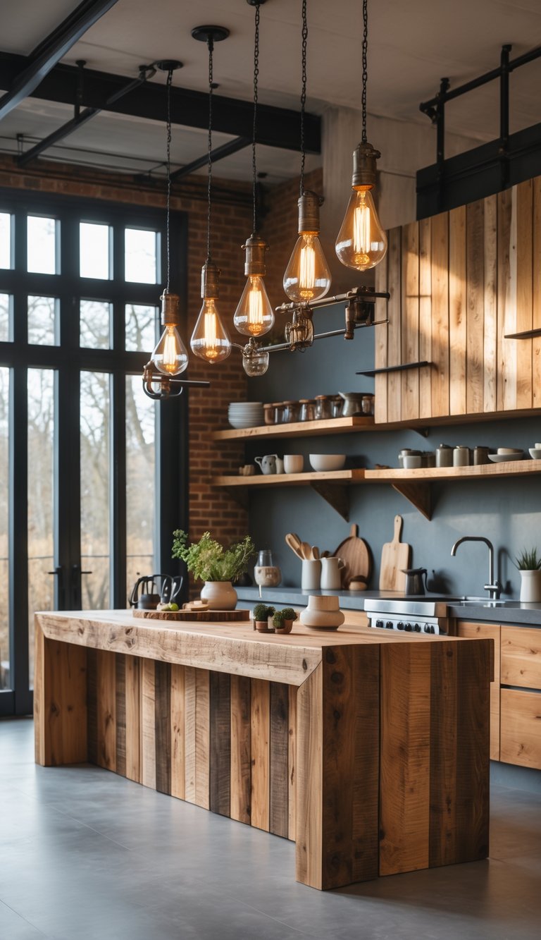 A kitchen with wooden cabinets and island, metal hanging light fixtures, and various kitchen items on the counters.