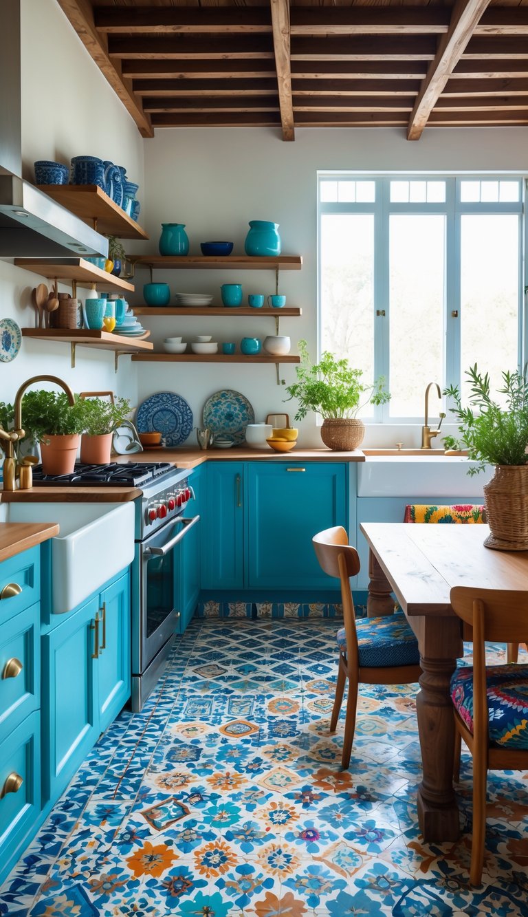 A bright kitchen with patterned floor tiles, wooden dining table, open shelves, and modern appliances.