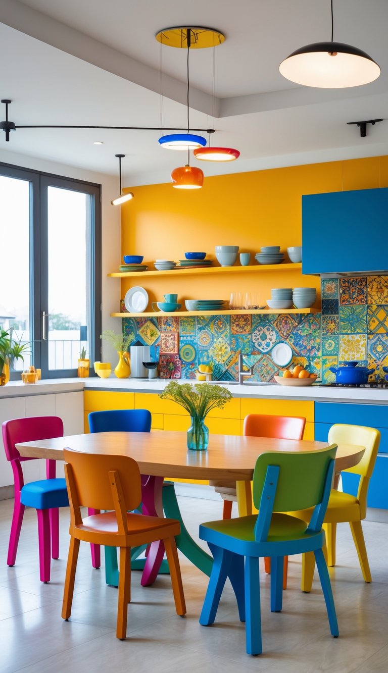 A bright kitchen with a dining table surrounded by mismatched colorful chairs and various kitchen elements.