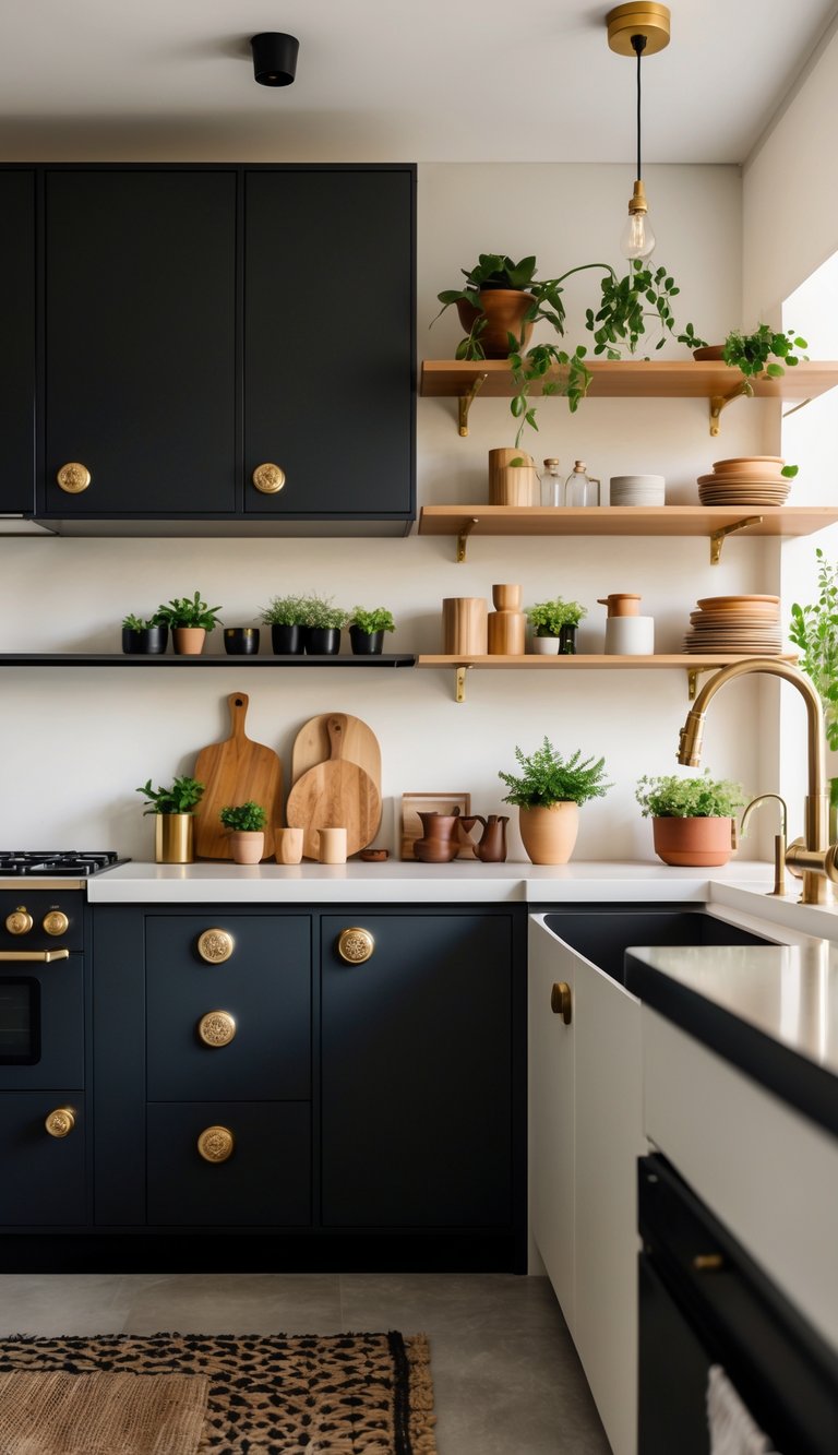 A modern kitchen interior with matte black cabinet handles and brass faucets, featuring open shelves and natural light.