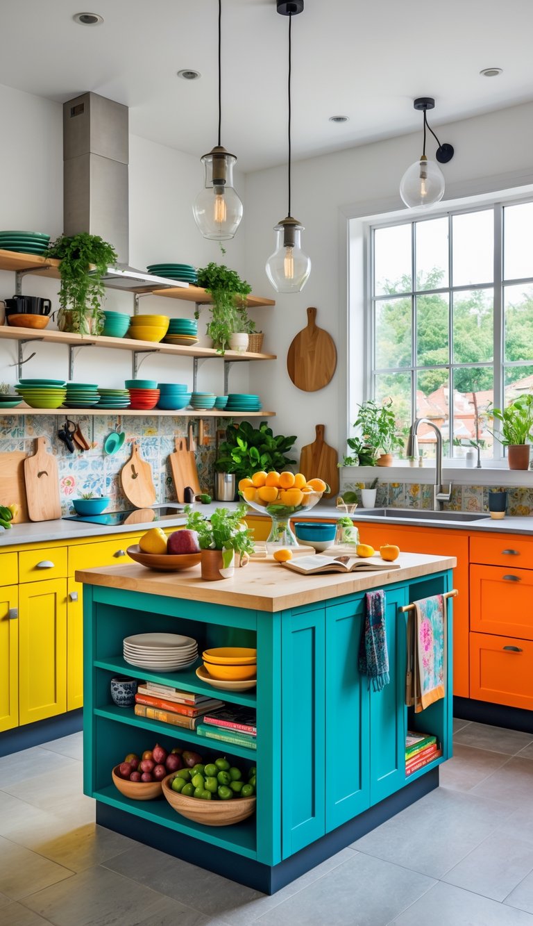 A modern kitchen with a brightly painted kitchen island surrounded by colorful cabinets, open shelves, and various kitchen accessories.