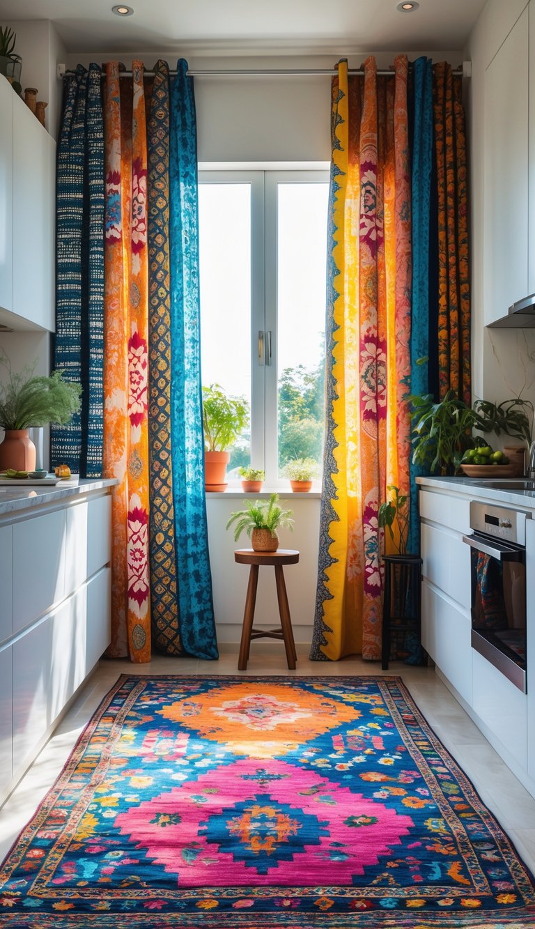 A bright kitchen with patterned curtains and a colorful rug on the floor, featuring modern cabinets and natural light.