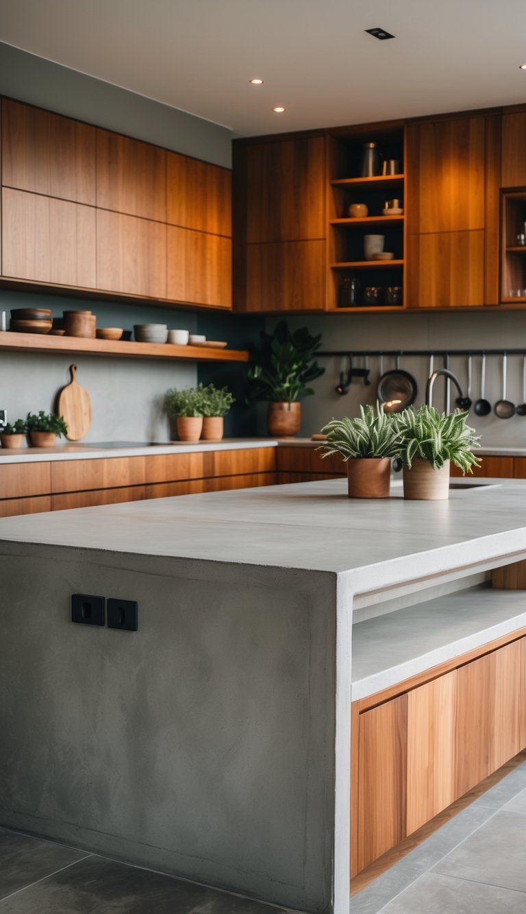 A modern kitchen with concrete countertops and warm wooden cabinets, decorated with plants and kitchenware.