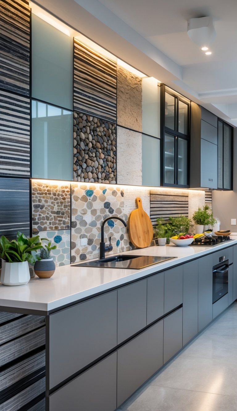 A modern kitchen with various textured backsplashes layered alongside smooth countertops and cabinetry, featuring kitchen accessories and bright natural lighting.