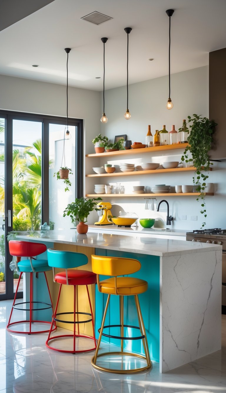 A modern kitchen with colorful retro bar stools arranged along sleek counters, illuminated by natural light from large windows.