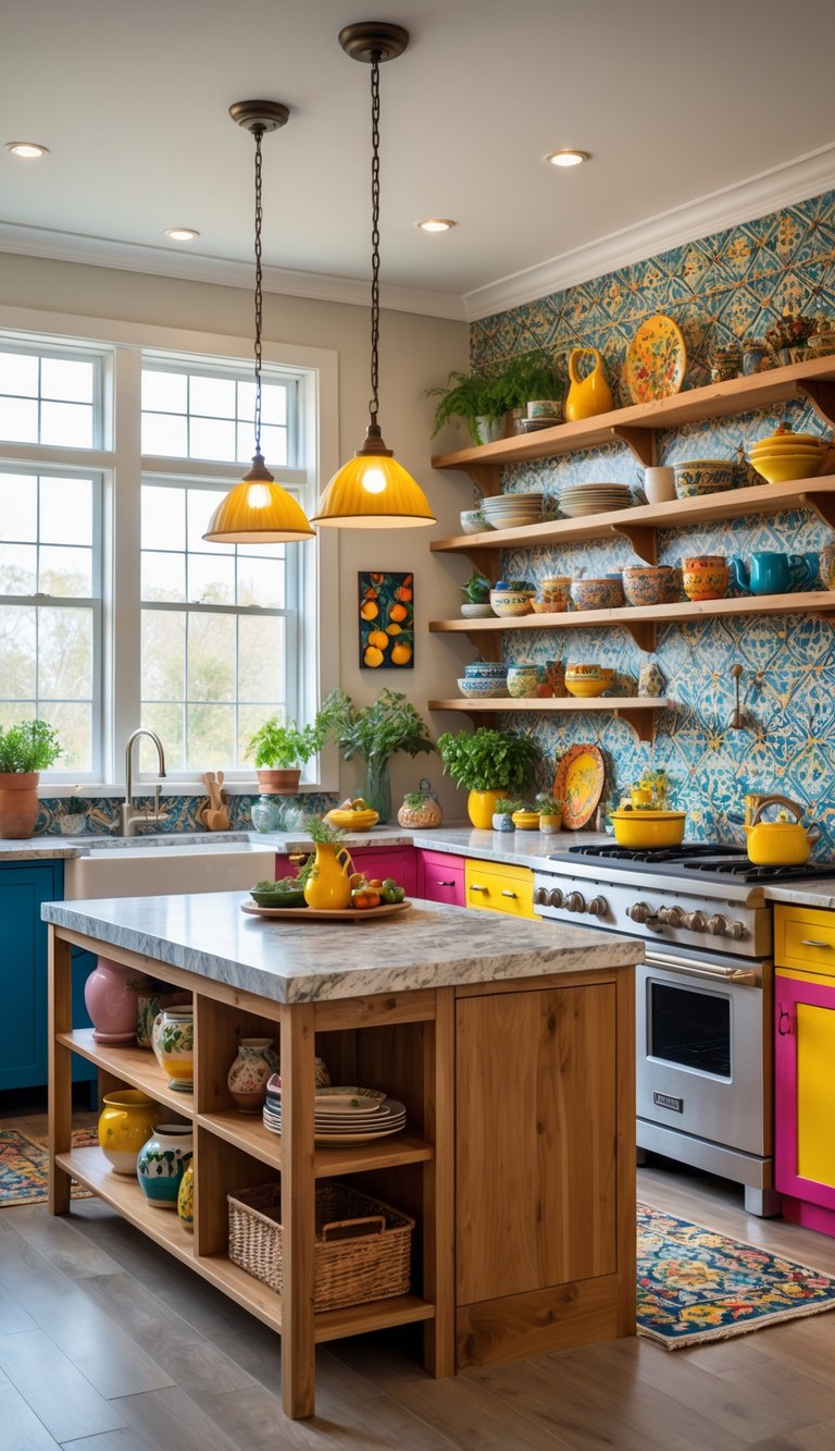 A spacious kitchen with a mix of colorful tiles, wooden shelves, modern appliances, and decorative accessories illuminated by natural light.
