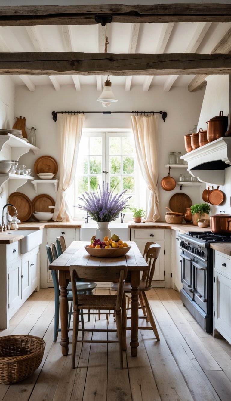 A bright kitchen with wooden beams, a farmhouse sink, open shelves with dishes, a wooden table with chairs, and natural light coming through the window.