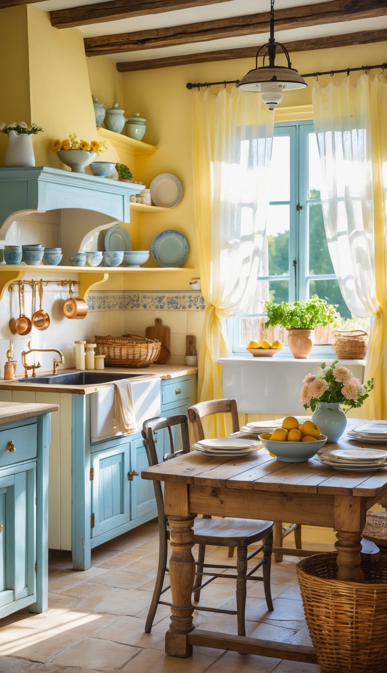 A bright kitchen with wooden cabinets, a dining table set with flowers, and sunlight coming through a window.