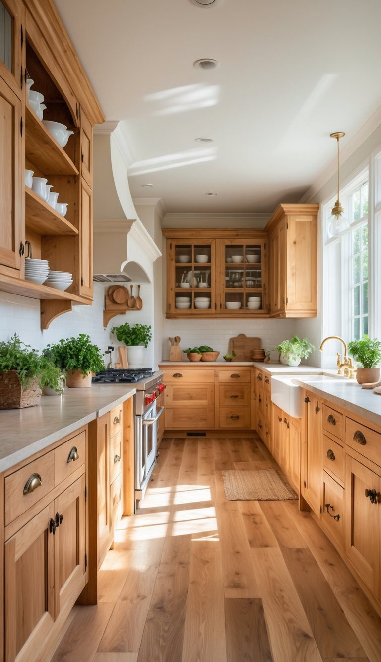 Bright kitchen with wooden cabinets and hardwood floors, featuring a central island and natural light coming through large windows.
