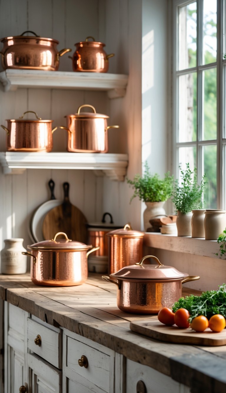 A bright kitchen with vintage copper pots and pans displayed on shelves and countertops, surrounded by wooden and ceramic kitchen items.