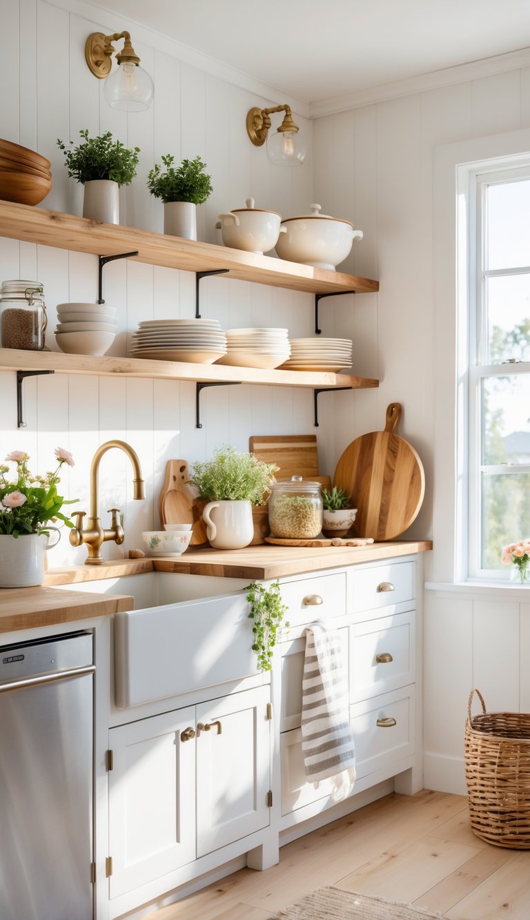 A bright kitchen with wooden open shelves holding dishes, jars, and plants above a wooden countertop.