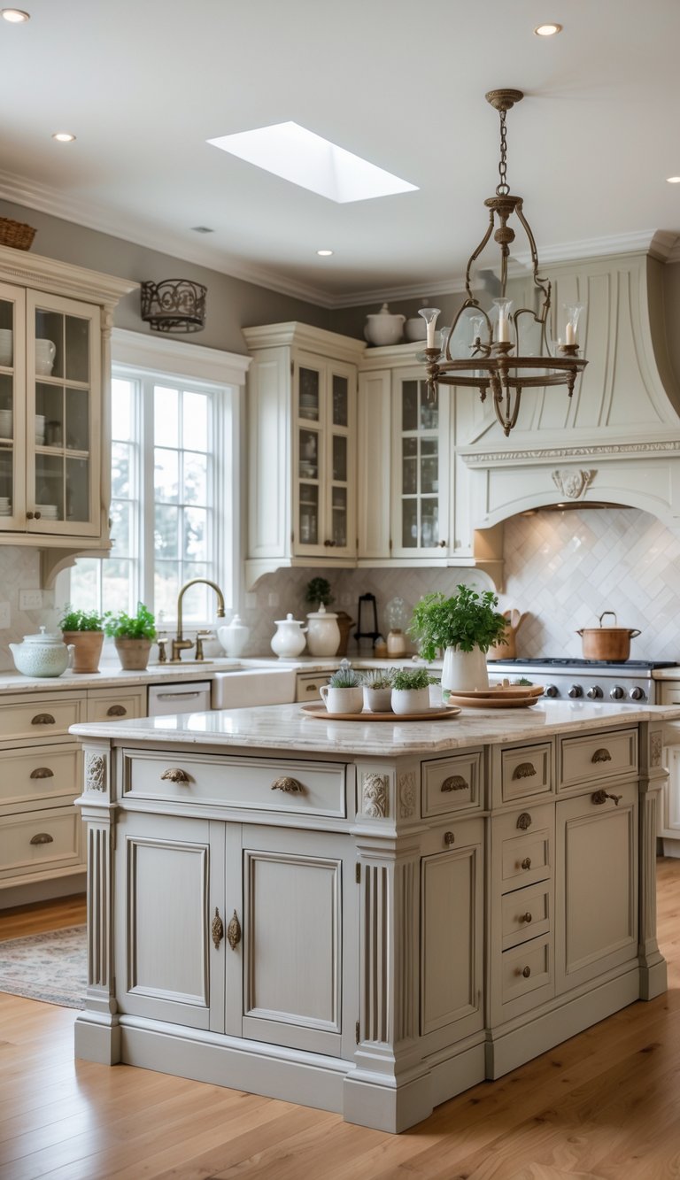 A bright kitchen with detailed wooden cabinets, a large island with a marble countertop, and natural light coming through windows.