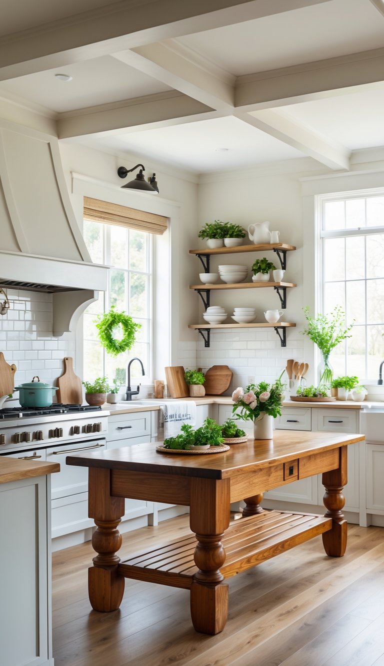 A bright kitchen with polished wood farmhouse tables at the center, surrounded by cabinets, shelves, and kitchen appliances.