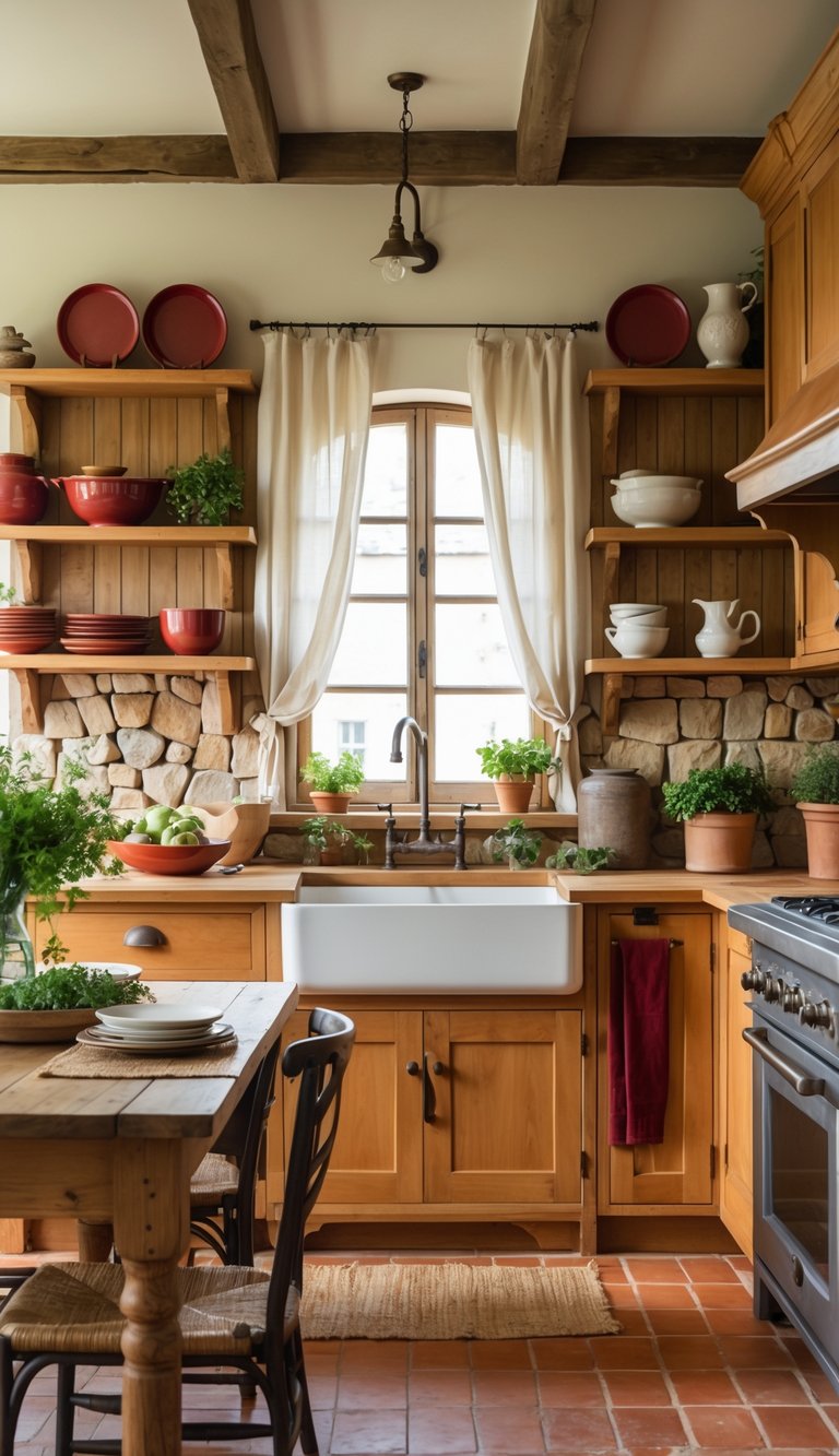 A bright and cozy kitchen with wooden cabinets, a farmhouse sink, and a wooden dining table featuring deep red and olive green accents in decor and plants.