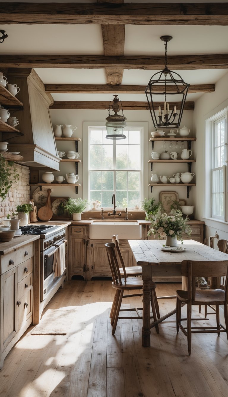 A bright kitchen with wooden cabinets, a farmhouse sink, a wooden dining table with chairs, and sunlight coming through large windows.